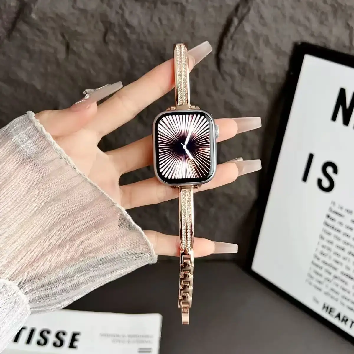 Double-Row Diamond Metal Thin Strap for Iwatch12th Generation Se Watch Bands for Apple Watch for Huawei Watches