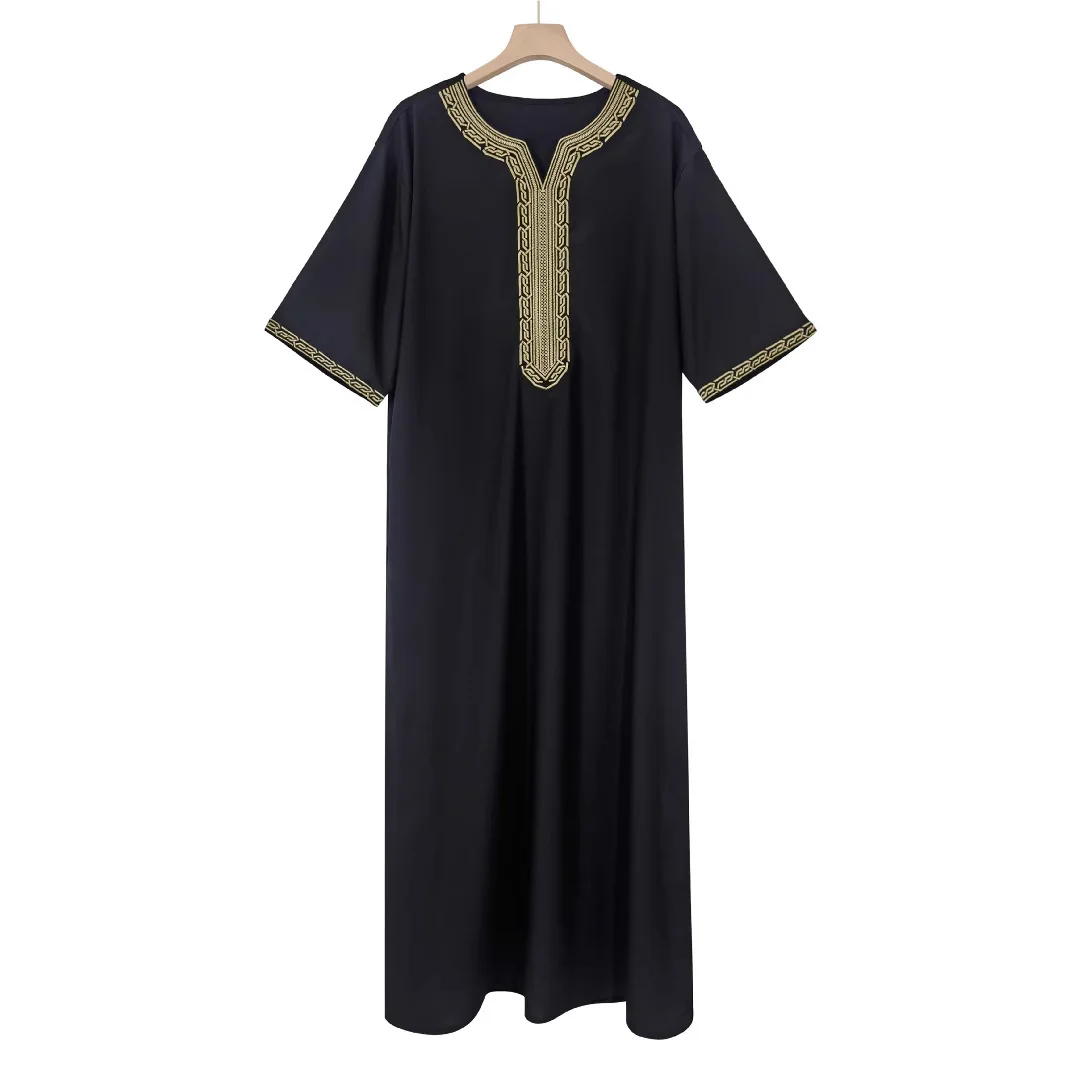 2025 Muslim Robe Short Sleeve Embroidered Robe Moroccan Men's Robe with Side Pockets Abaya Ramadan Dubai Luxury Islam Elegant
