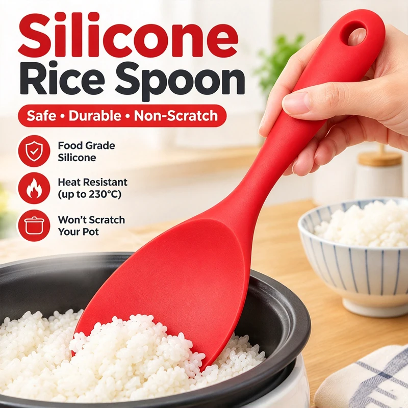 Hanging Silicone Rice Spoon Non Stick Heat Resistant Rice Cooker Scoop with Holes Non Slip Kitchen Spoon Household Cooking Tools