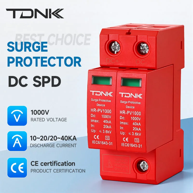 TDNK SPD 2P DC500V 600V 800V 1000V 10-20KA 20‑40KA Visual Warning Window Solar PV Surge Protector Lightning Arrester