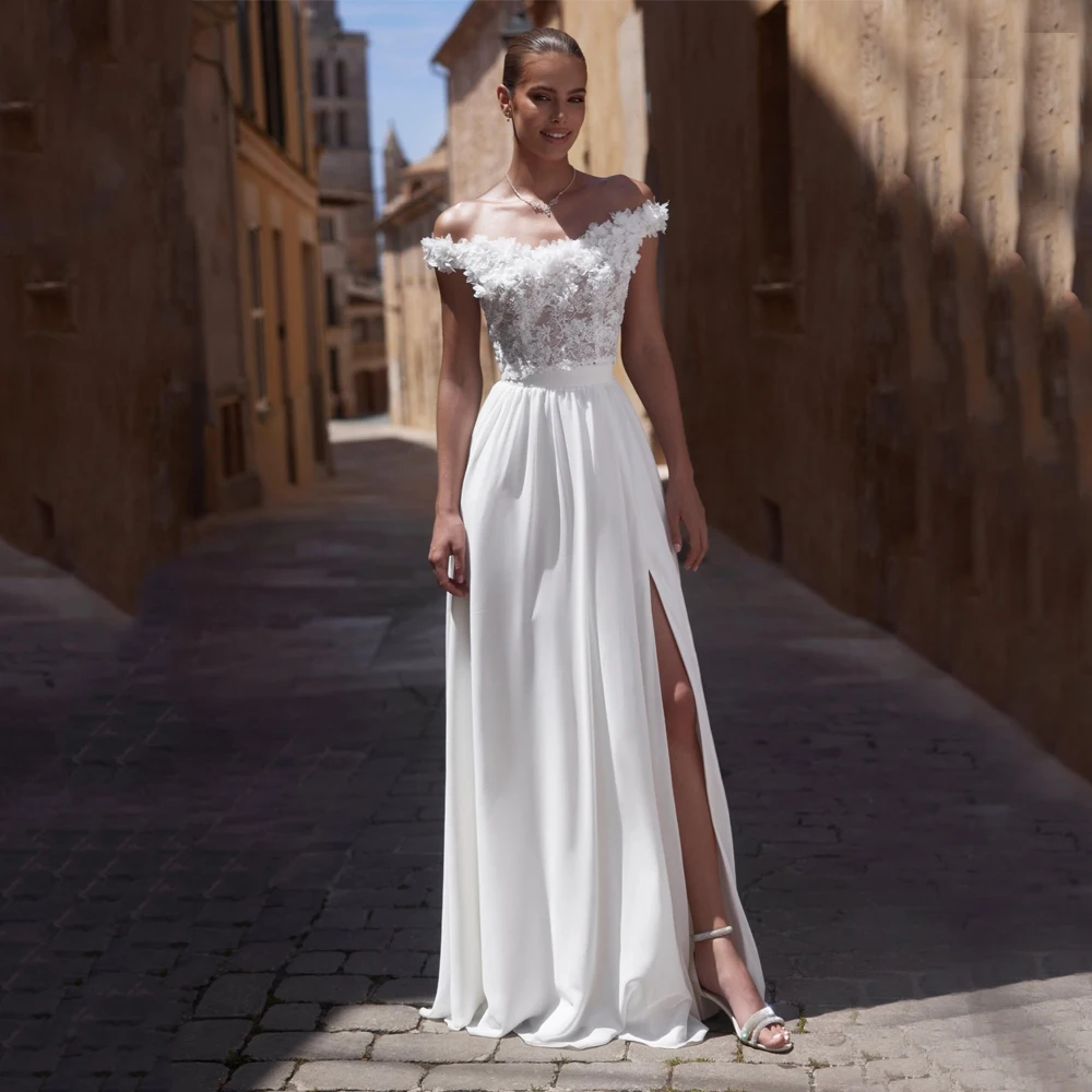 

Elegant Boho Flowers Wedding Dresses Chiffon Off Shoulder Side Split Applique Bride Gowns Women vestidos de novia Customized