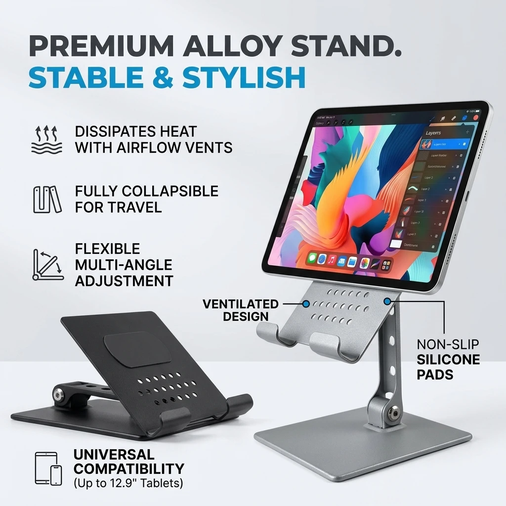 Aluminum Tablet Stand For iPad Pro Air Samsung Tab Foldable Cooling Holder Desk Adjustable Metal Mount