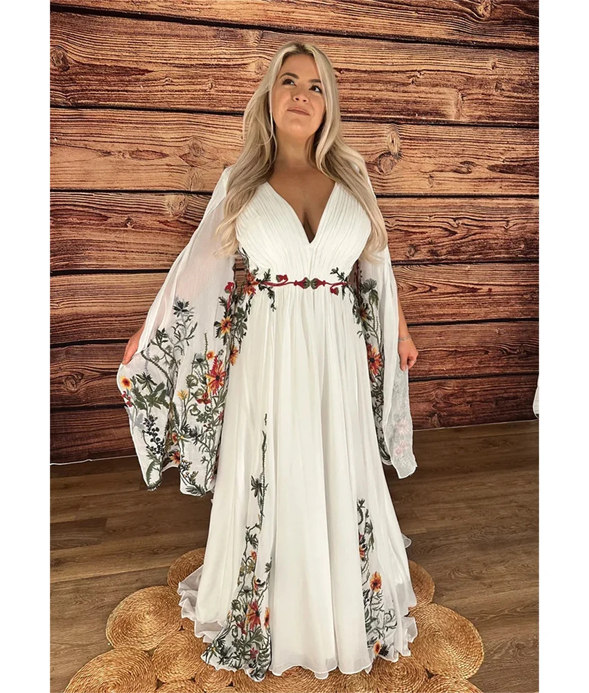 

Customized Graceful Chiffon A-Line Appliques Flowers Evening Dress Temperament V-Neck Long Sleeves فساتين سهرات