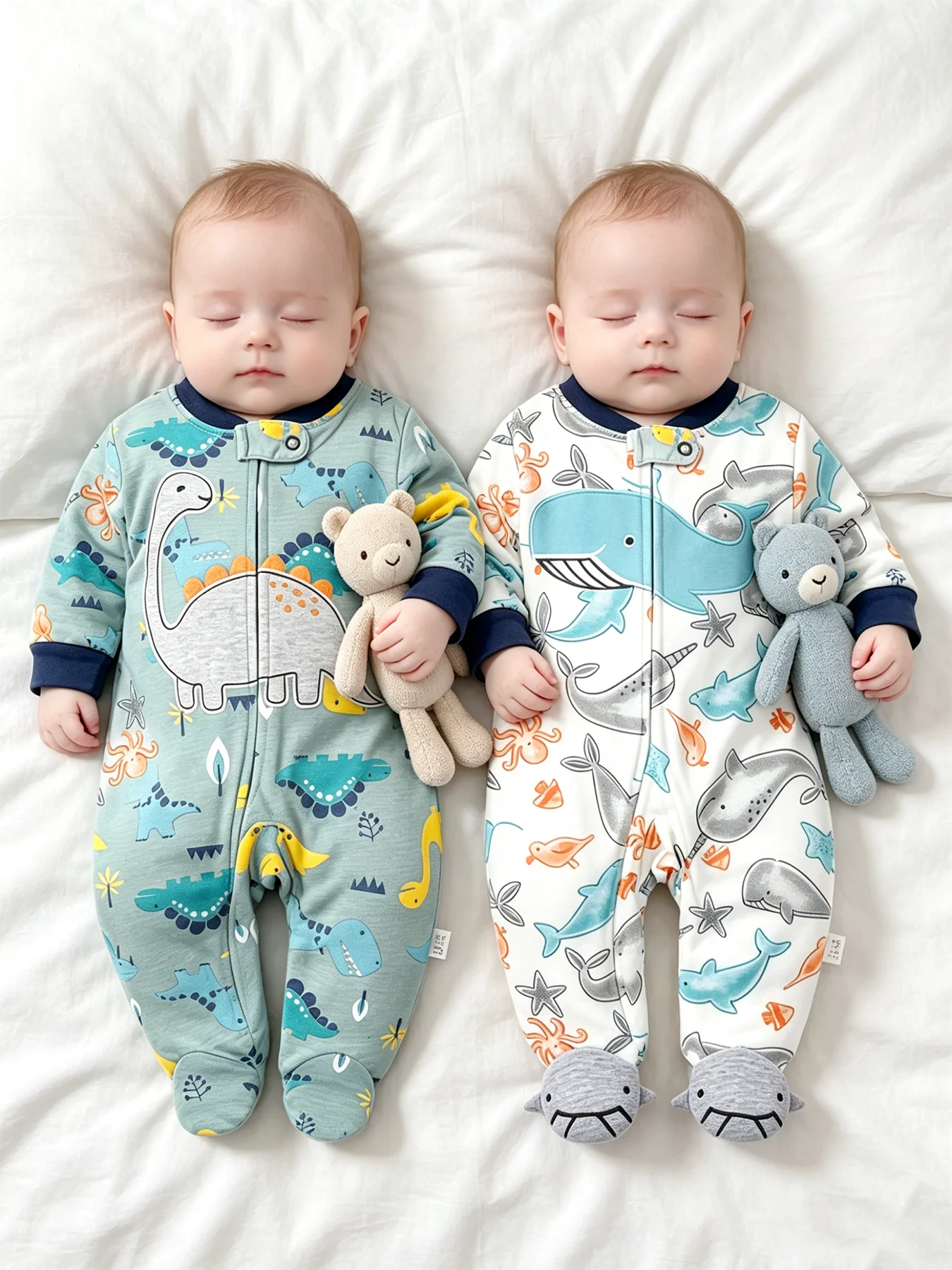 0–12 Months Boys' 2-Piece Romper Set: Cartoon-Printed Double-Zip Crawler Outfit—Convenient Newborn Baby Onesies for Home Use