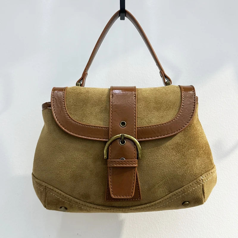 Vintage Faux Suede Flip Bags For Women Luxury Designer Handbag And Purse 2025 New In Rivet Belt Buckle Top Handle Small Shoulder