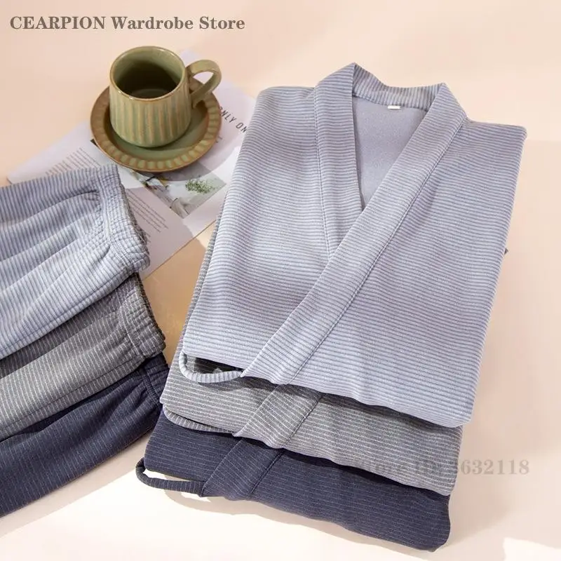 

Spring New Men's Pajamas 2PCS Set Japanese Striped Sleepwear Long Sleeve Cardigan Trouser Suits Homewear Loose Casual Loungewear