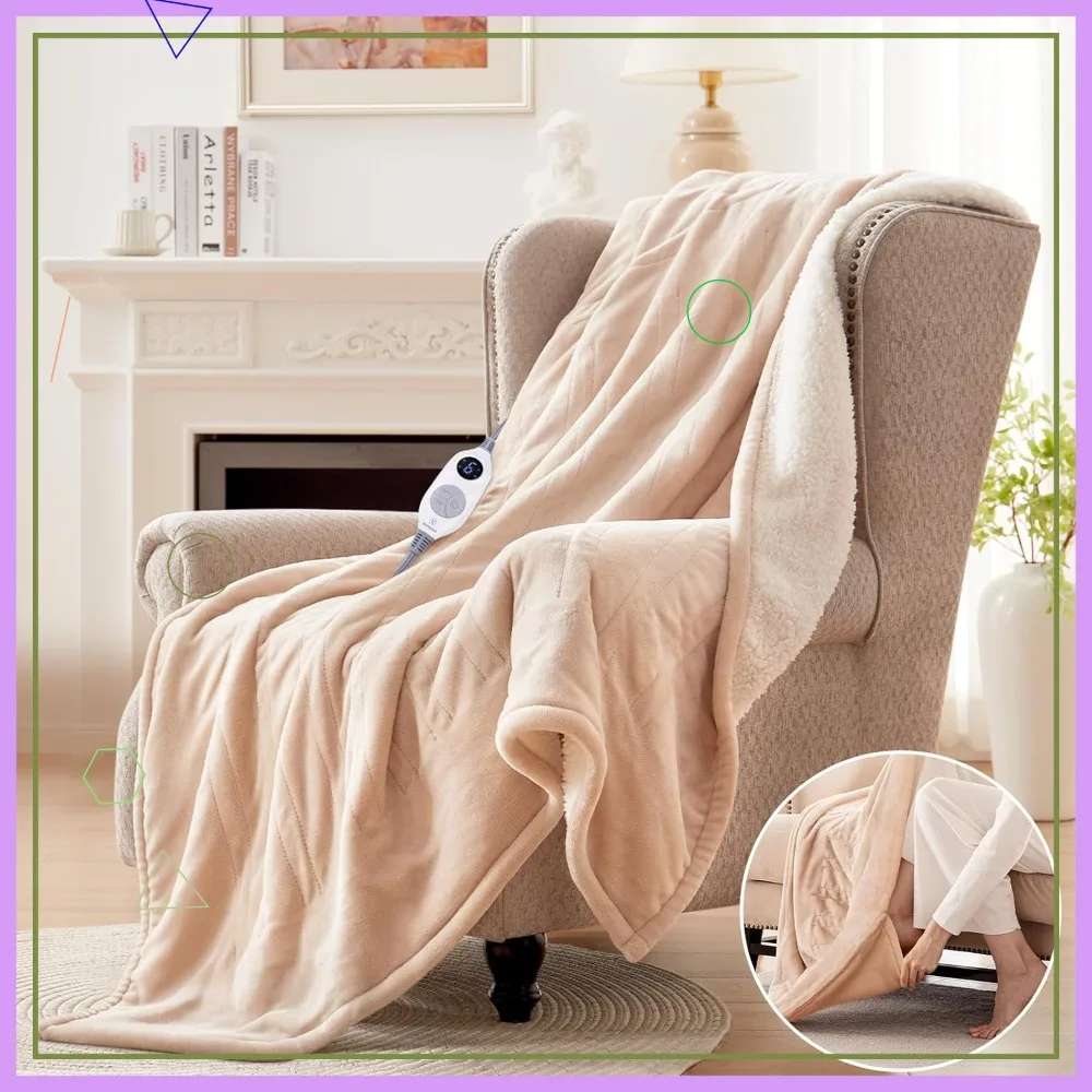 

Electric Heated Throw Blanket with Foot Pocket, 6 Heat Levels & Timer, Soft Flannel to Sherpa, Machine Washable, 50x62 Beige