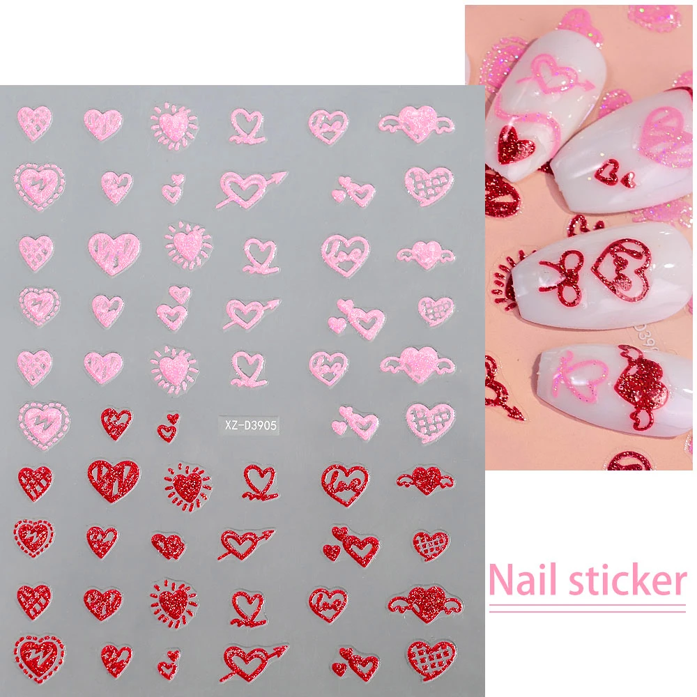 5D rood roze liefde hart nail art stickers glanzende glitter hart Valentijnsdag manicure stickers zelfklevende sliders nagelsticker