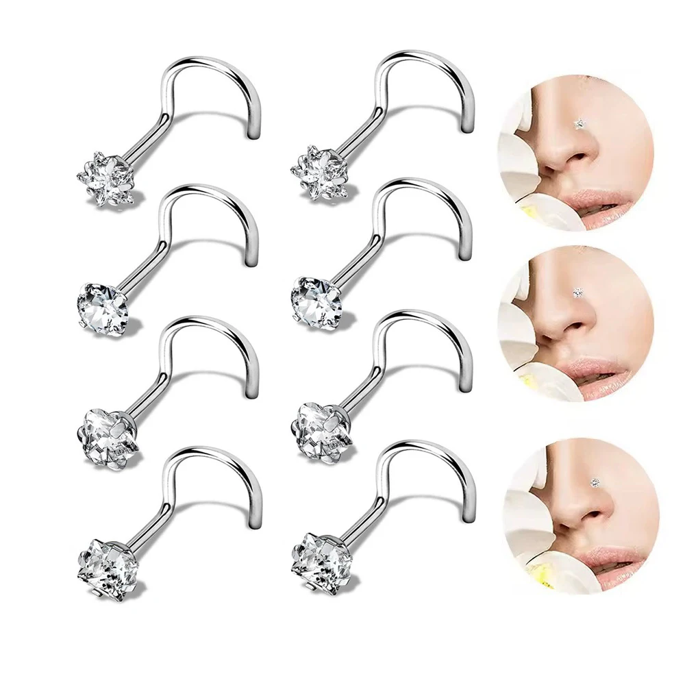 8Pcs 20G Nose Rings studs for Woman Hypoallergenic 316L Surgical Steel Nose Piercings Jewelry 3mm CZ 20G Nose Screw Studs