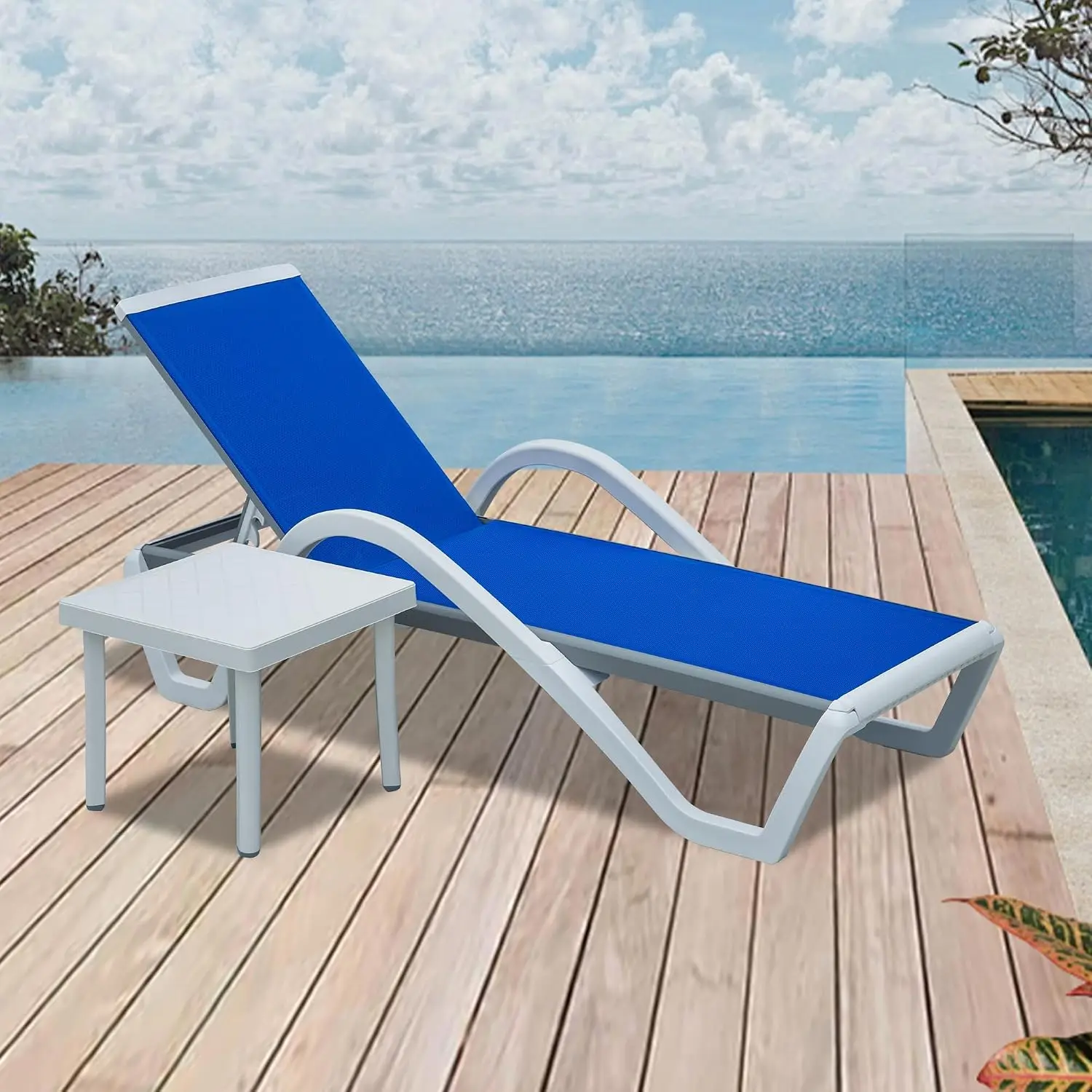 Aluminum Patio Chaise Lounge 5-Position Adjustable Backrest Wheels Armrest Side Table Yard Poolside, Customized