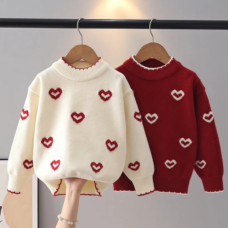 Sweet Embroidery Heart Sweater for Children Girl Jacquard Crew‑Neck Long‑Sleeve Pullover Student skin‑friendly Knit Tops JY09051