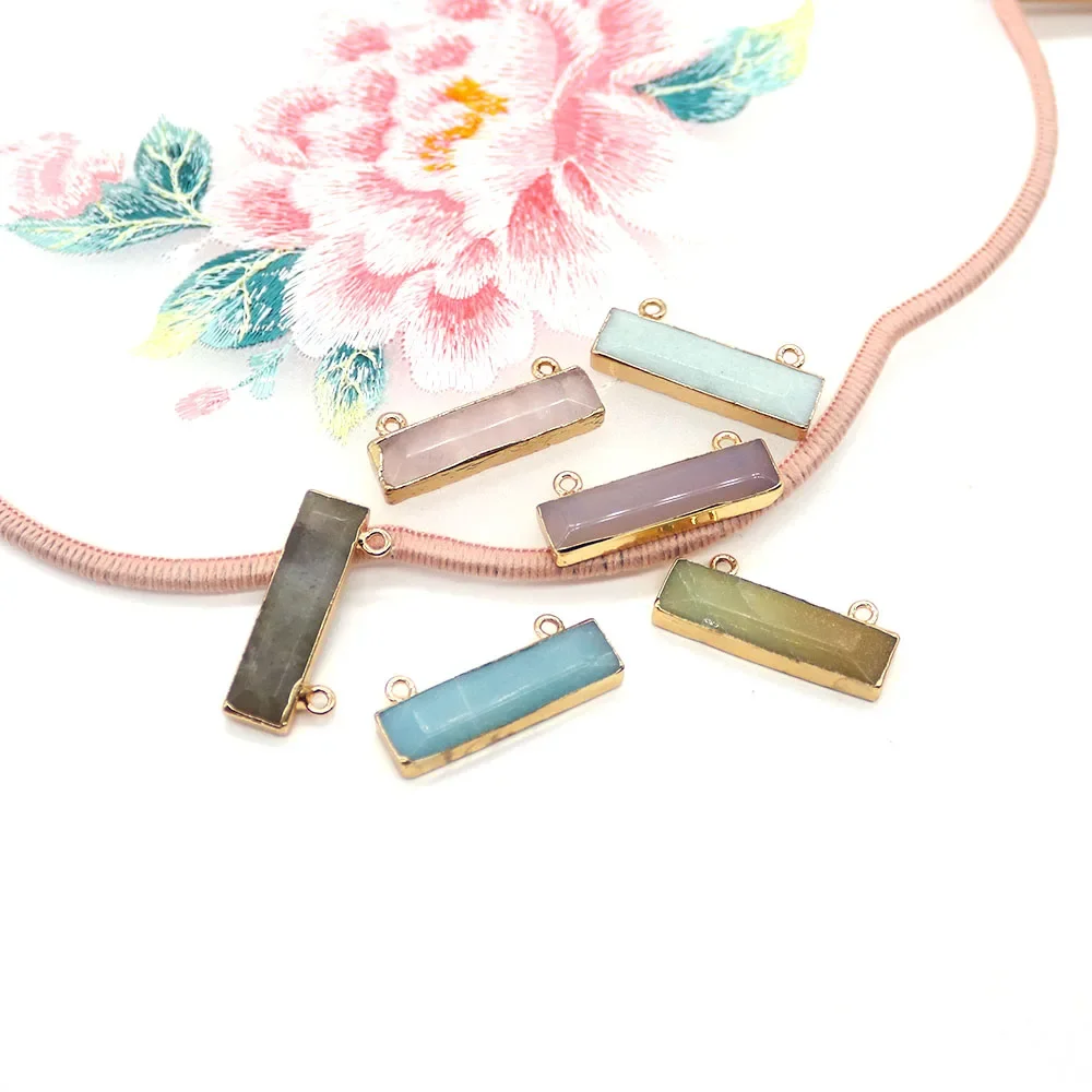 Creative Unique Long Strip Natural Stone Electroplated Gold-plated Double-hole Pendant DIY Minimalist Jewelry Necklace Accessory