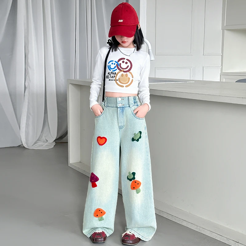 spring 4-14 teen girl jeans junior kid cotton white short s-shirt Towel embroidered high waisted jean pants youth child trousers