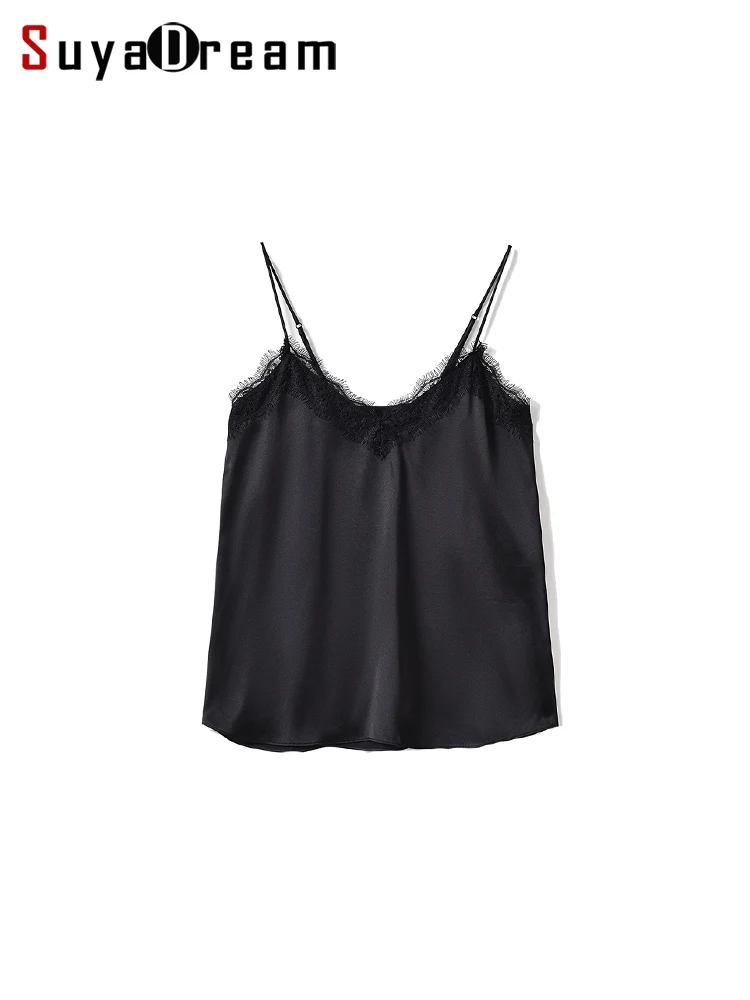 SuyaDream. Women Silk Camis, lace V neck, Sleeveless Chic T Shirt, 100%Real silk, 2025 Solid Summer Vests