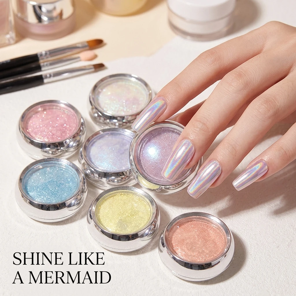 Nail Chrome Powder Aurora Mermaid Magic Mirror Iridescent Glitter Pearlescent Pigment for DIY Nail Art 6 Colors
