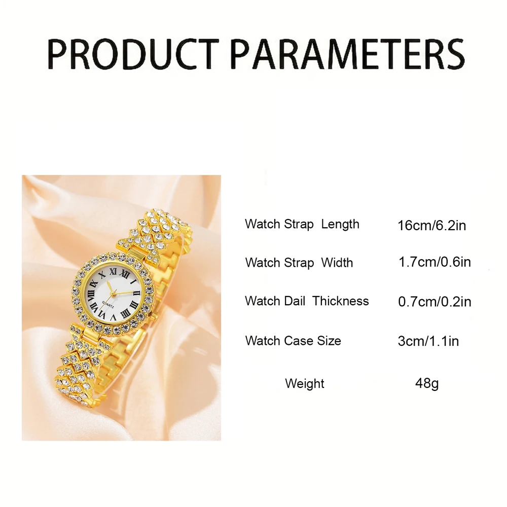 Fashion Luxury Women Gold Watch Bracelet Necklace 6Pcs Set Ladies Diamond Quartz Wristwatch Valentine\'s Day Mother\'s Day Gift