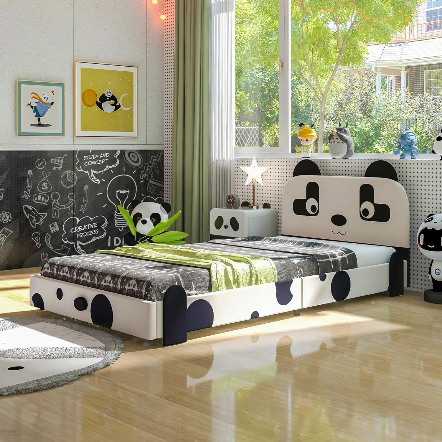 Twin Bed Frames for Kids, Metal Upholstered Twin Bed Platform with Slat Support, Padded Headboard&, No Box