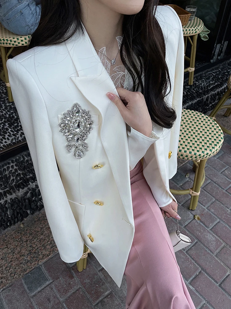 FFmiss Casual Gold Button Women's Wide Lapel Jacket Heavy Embellished Loose Fit OL Style Coat Diamond Embedded Long Sleeve