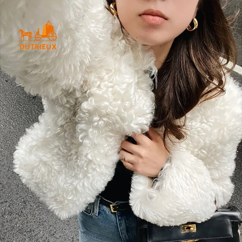 2025 Neuer Winter-Damen-Kurzpelzmantel aus echter Wolle mit hohem Kragen, 100 % echtes Wollfell, warme Felljacke für Damen