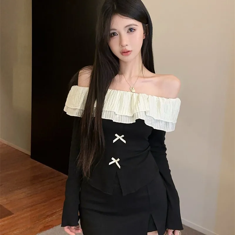 

Sweet Knot One oulder Splice Lace Long Sve T-irt Sli Spring 2026 New Arrival Women's Faion Top