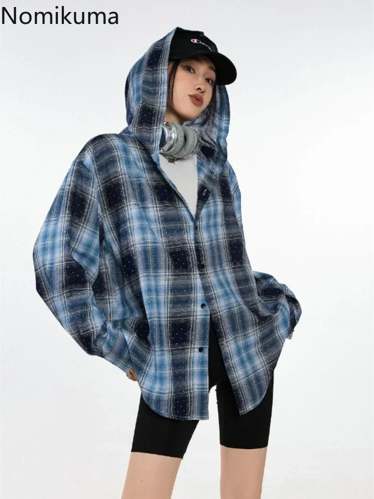 Hooded Shirts for Women Vintage Streetwear Blouses 2024 Camisas De Mujer Long Sleeve Fashion Tops Casual Korean Plaid Y2k Tops