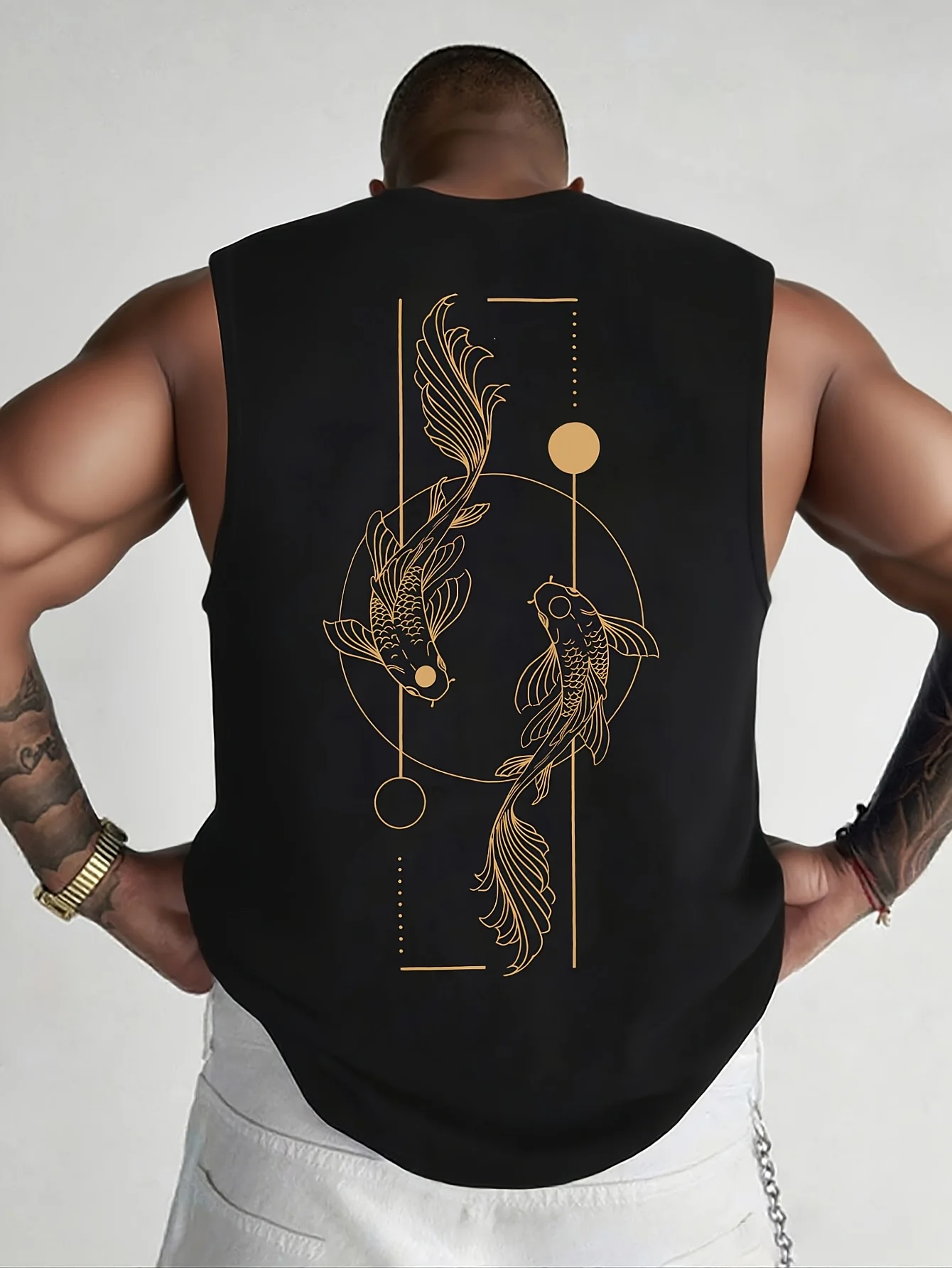 Summer 100% pure cotton men's fashionable casual loose Japanese fish pattern printed fitness sports sleeveless vest