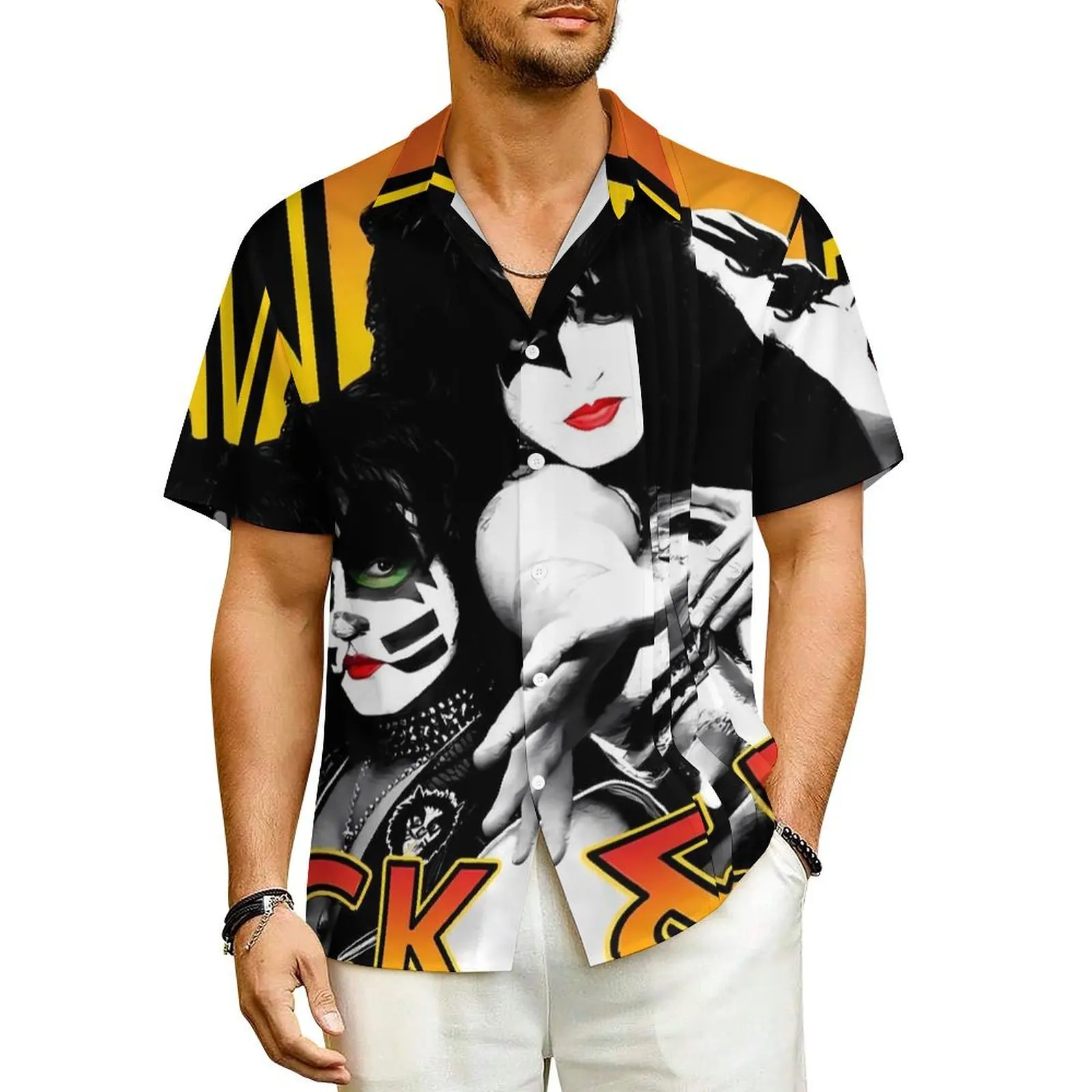 

Рубашка Kiss Band мужская оверсайз с коротким рукавом, Повседневная пляжная блузка с рисунком рок/музыкальной группы, Гавайская Мода