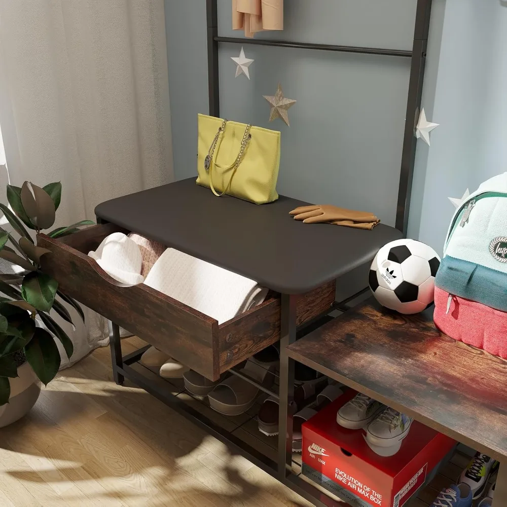 شجرة قاعة 4 في 1 على الطراز الصناعي مع درج تخزين، وسادة ناعمة، رف معطف، لمسة نهائية بنية عتيقة، أثاث المدخل لـ Fam