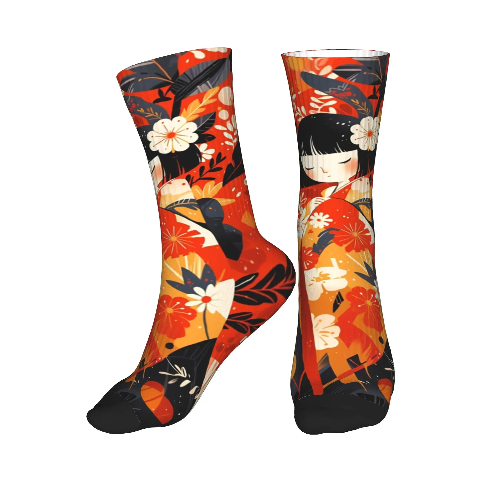 

Fun Printed Sakura Japanese Girl Kokeshi Doll Socks for Women Men Stretch Summer Autumn Winter Crew Socks