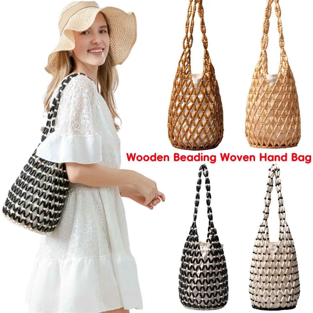

Women Beaded Bag Hollow-out Wooden Bead Tote Bucket Fashion Shoulder Bag Female Beach Handbag Storage Bag for Travels Shopping