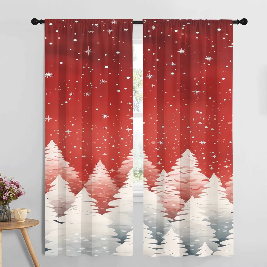2PCS Christmas Winter Curtains, Red Snowy Forest Scene, Digital Print, Bedroom Living Room, Rod Pocket Polyester, Home Decor