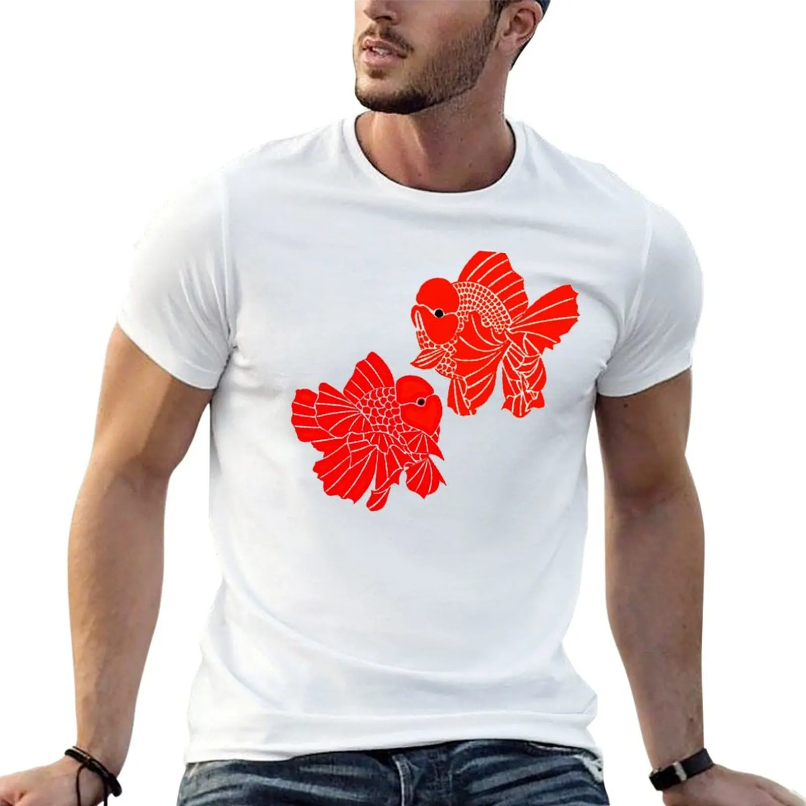 Camiseta con logotipo Fancy Oranda Goldfish Pair, camiseta roja completa para hombre, paquete de camisetas de algodón blanco, camisetas 100% de algodón para hombre