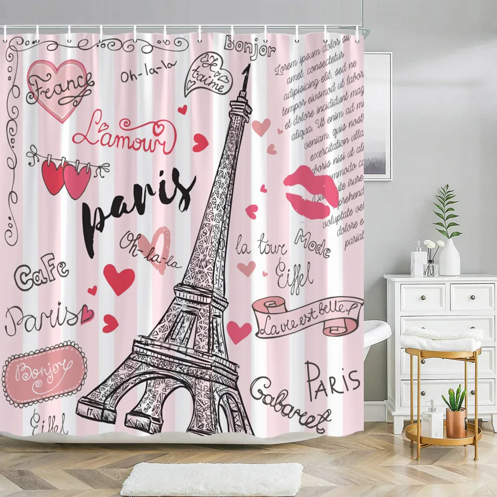 Paris Eiffel Tower Pink Shower Curtain Valentine's Day Flowers and Butterflies Polyester Washable Shower Curtains Bathroom Decor