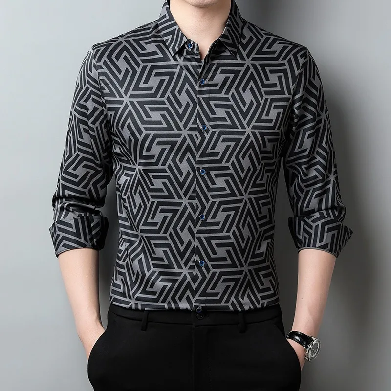 

Men's Shirt Plaid Long-sleeved Business Casual Spring and Autumn Lapel Contrast Fashion Casual Top