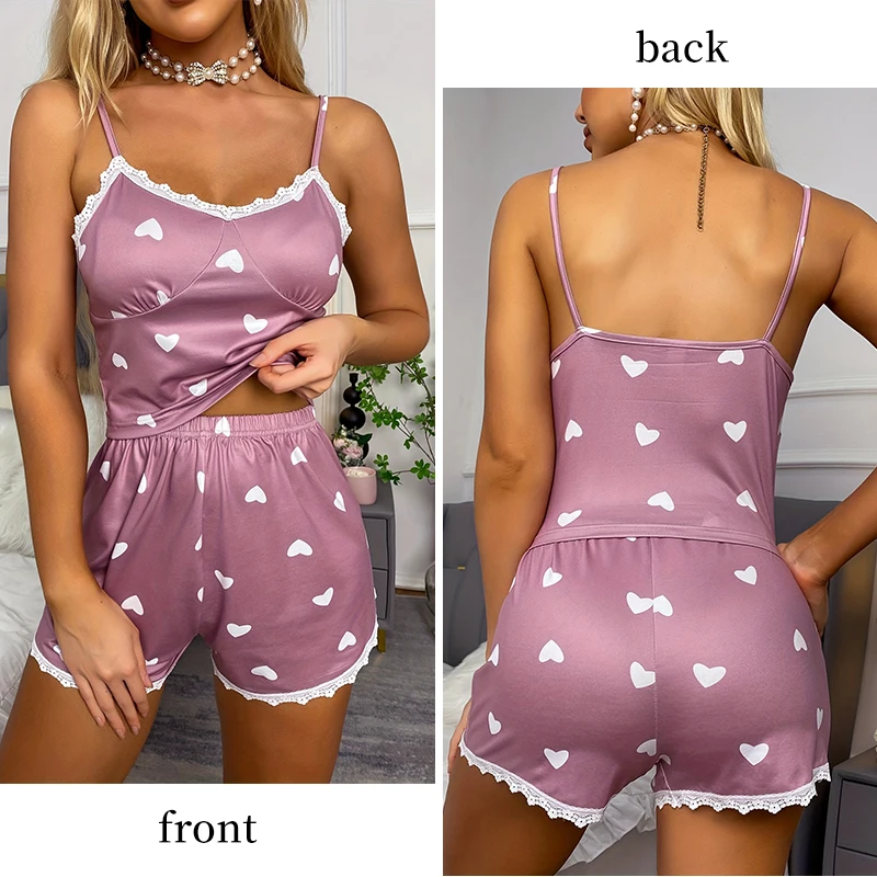 Sexy Two-Piece Pajama Set Heart-Shaped Printed Lace Lace Lace Round Neck Vest Shorts Home Clothing Set