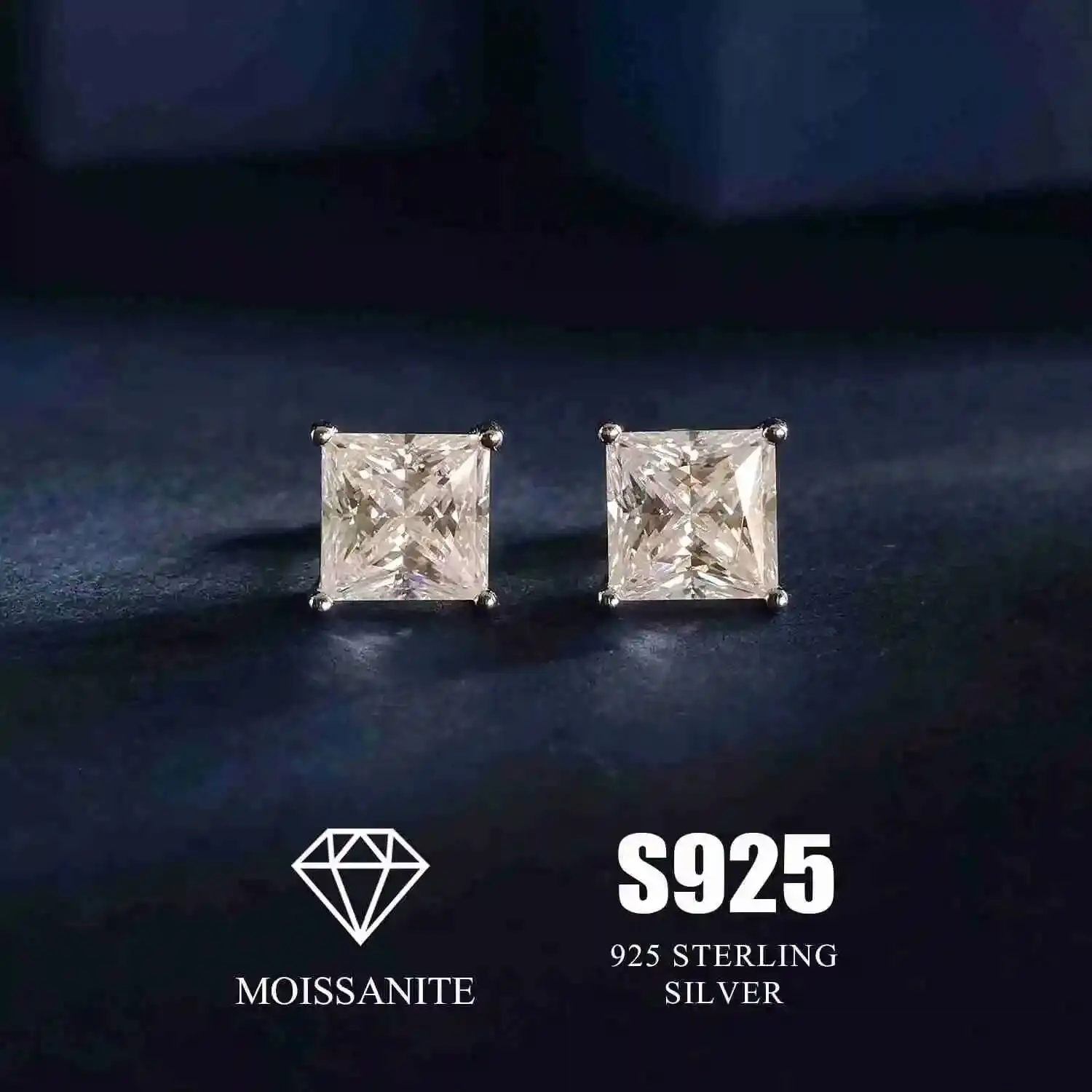 

Guangzhou Lab Grown Diamond Square Earrings Custom Rhodium S925 Sterling Silver Platinum Women Fine Moissanite Stud Earrings