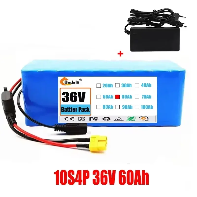 original 36V Battery 10s4p 100Ah 20000W large capacity 18650 lithium battery pack with BMS XT60 Plug 18650battery + 42V 2A Char