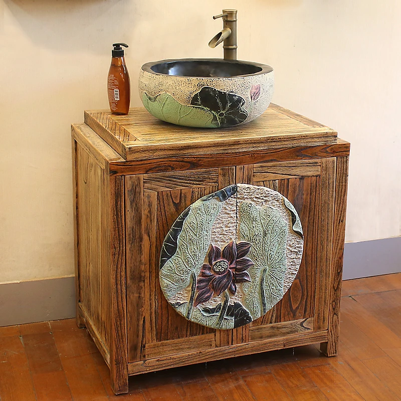 Chinese Style Bathroom Cabinet Combination Solid Wood Bathroom Cabinet Antique Hand Washing Basin Cabinet Combination Floor Type