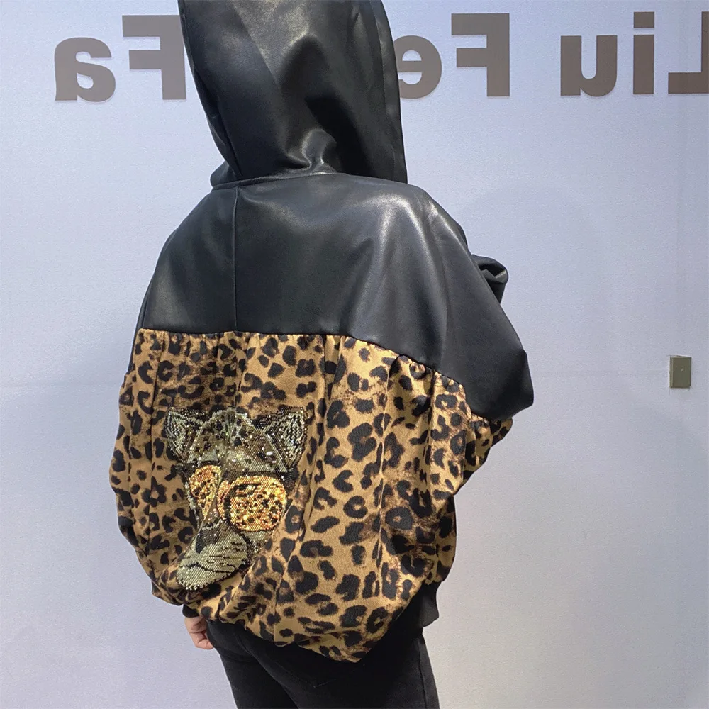 

Streetwear Motorcycle Leather Jacket Contrast Color Leopard Stitching Batwing Sleeve Hooded Cardigans Coat Hot Drilling Outwear