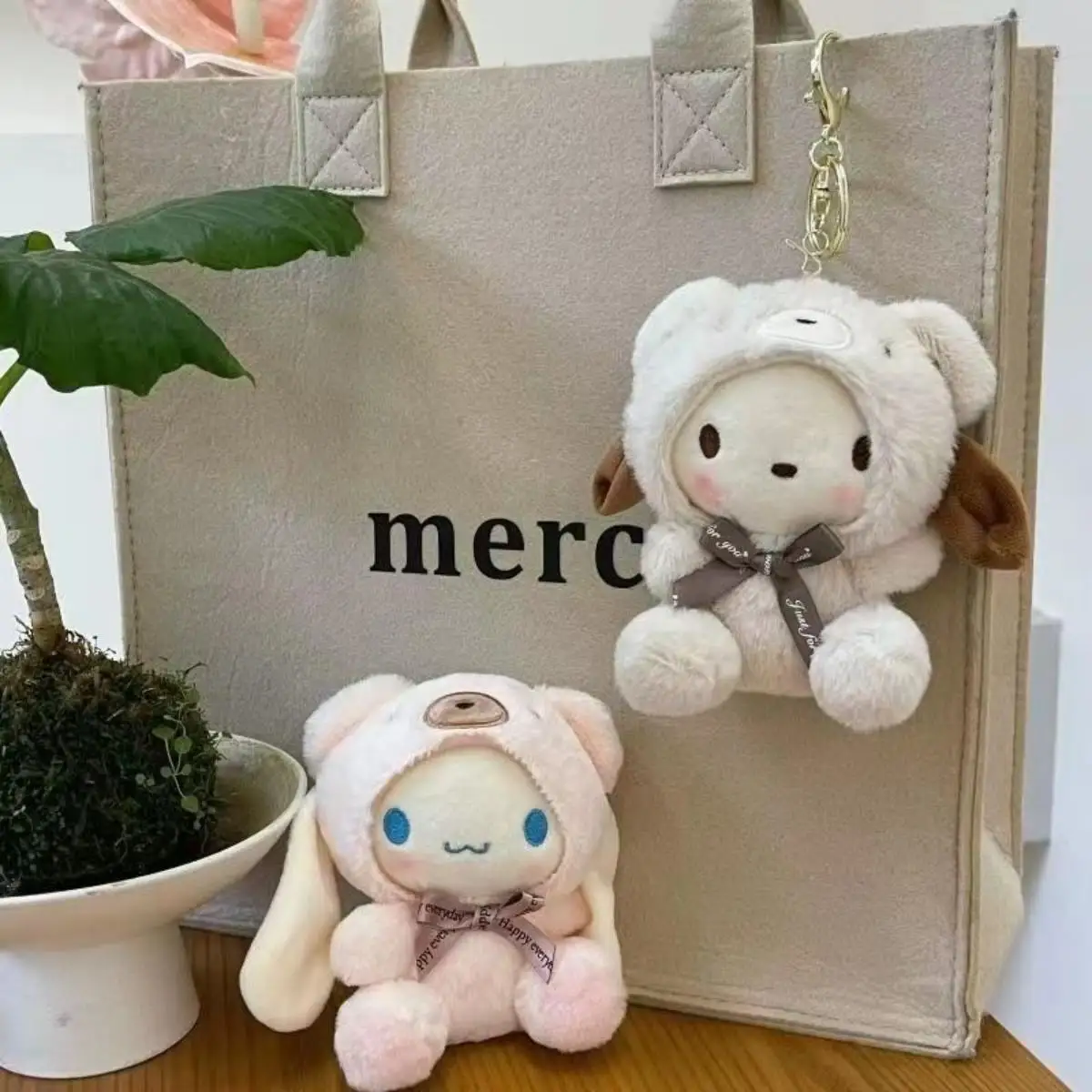 Sanrio Bear Wear Plush Keychain Cinnamoroll Bag Accessories Hello Kitty Stuff Pendant My Melody Plushie For Birthday Gift