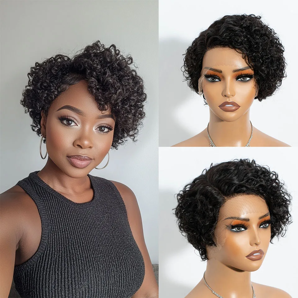 

Kinky Curly Human Hair Bob Wig Short Pixie Cut Lace Front Curly Wigs 8inch 13x6x1 Pixie Cut Human Hair Bob Wig For Black Women