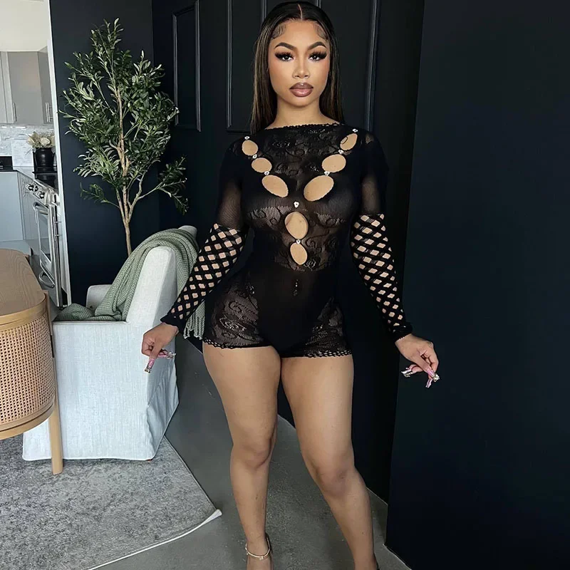 

Sexy Hollow Out Mesh See Through Midnight Playsuit Women Romper Long Sleeve Skinny Diamonds Body-shaping Party Club Lingerie