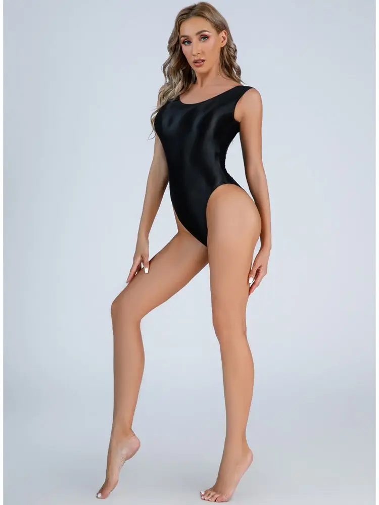 Glossy Shiny Swimsuit High Cut Thong Bodysuit Tights Elastic Spandex Catsuit Athletic Gym Yoga Body Tops Teddies Sexy Swimwear