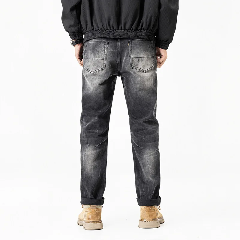 Retro black and gray jeans men 2025, with a scraped and polished white design, straight leg elastic pants