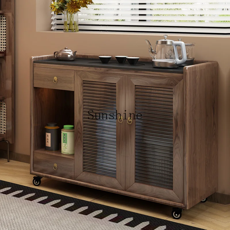 

New Chinese-style solid wood mobile tea cabinet balcony small apartment tea making table