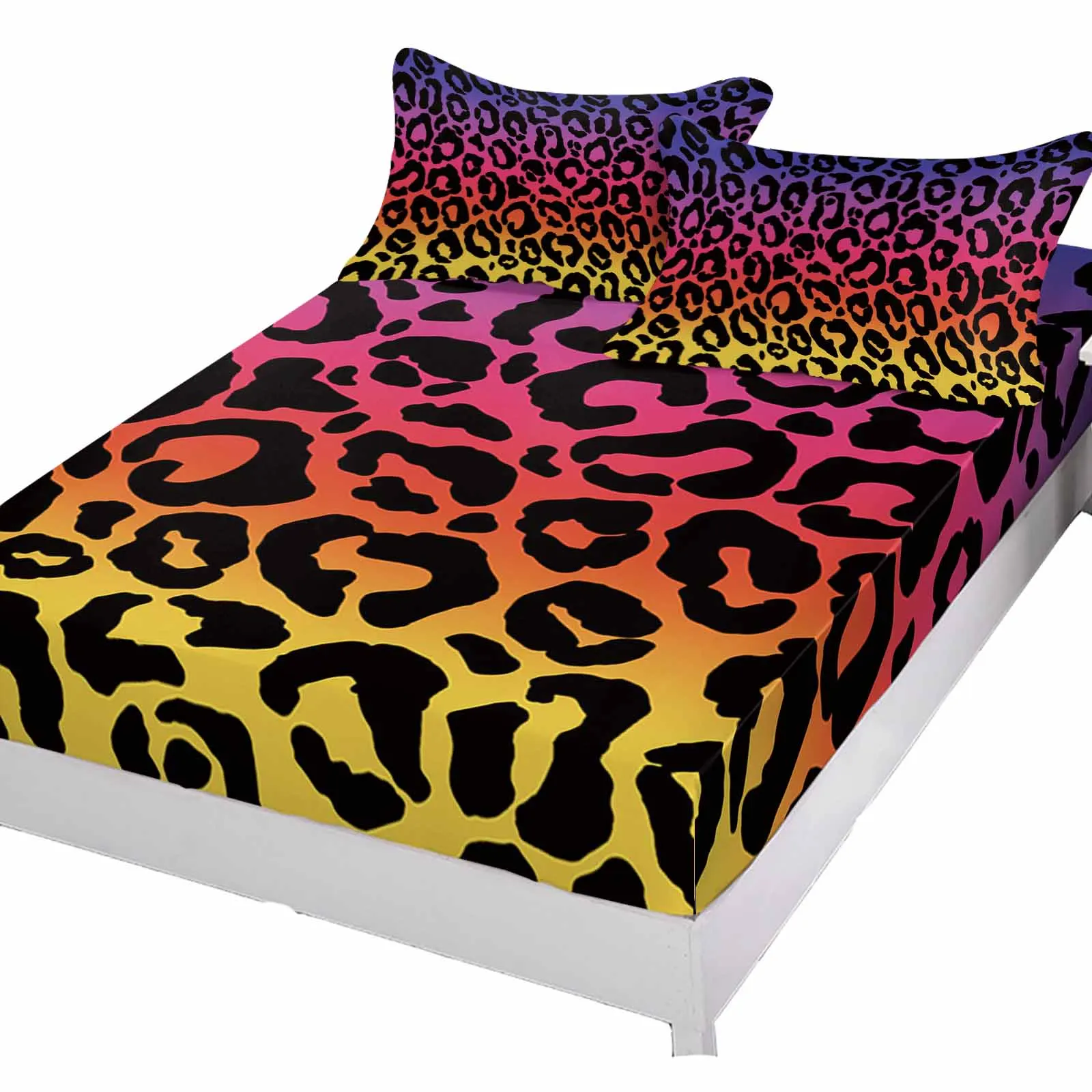 Leopard Print Rainbow Colors Polyester Fitted Sheet Mattress Cover Four Corners Elastic Band Bed Sheet Pilllowcase