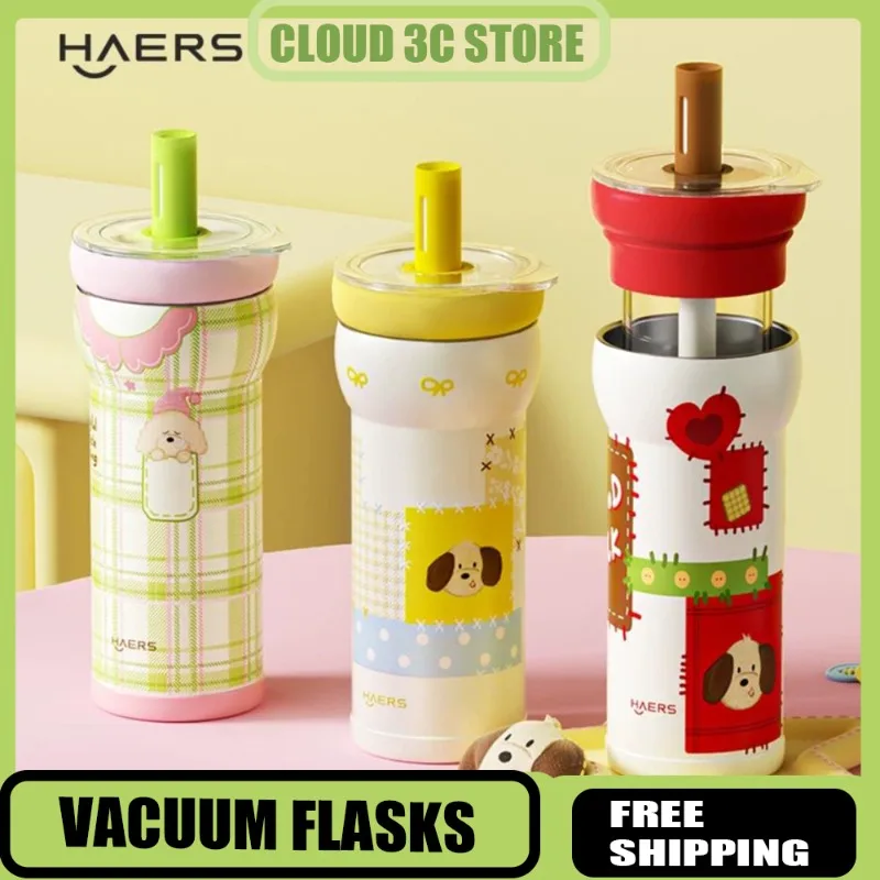 

Мультяшные термосы HAERS с соломенной изоляционной чашкой и 2-мя внутренними отделениями, офисная школьная бутылка для воды, кофе, чай, молочная чашка