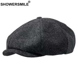 SHOWERSMILE Brand Wool Newsboy Caps Men Grey Herringbone Flat Caps Women Coffee British Brand Cap Autumn Winter Woolen Hats