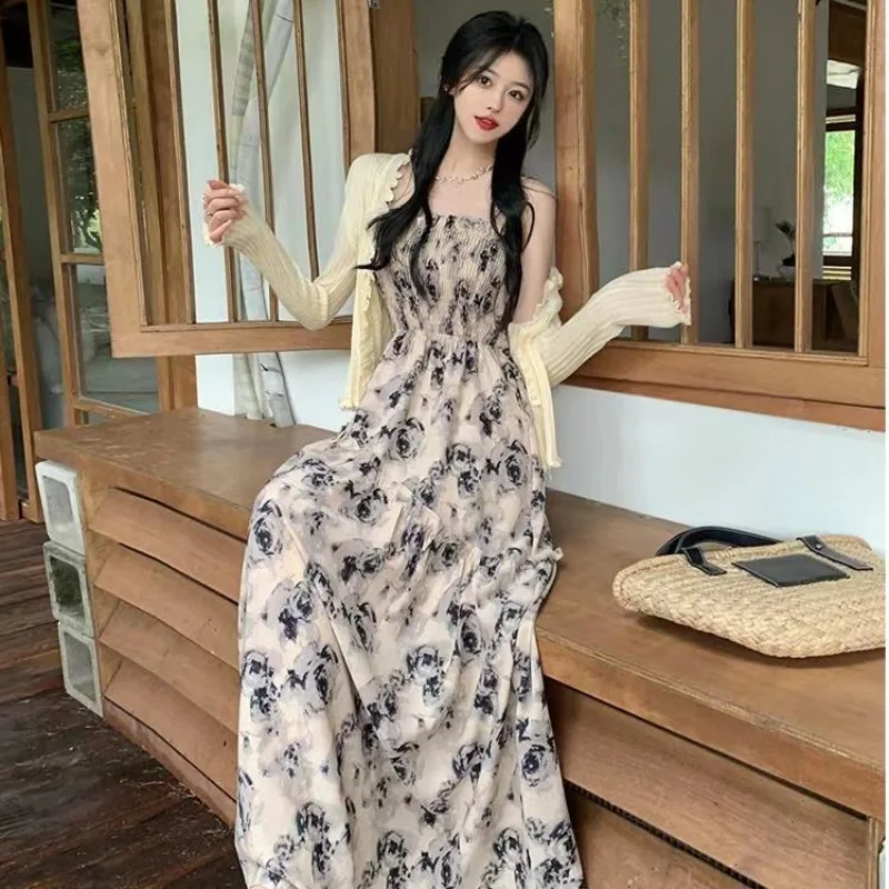 Floral Print Dresses Summer New Mori Girl Style Fairy High Waist Slim Camis Elegant Holiday Fashion Korean Tender Patchwork Chic