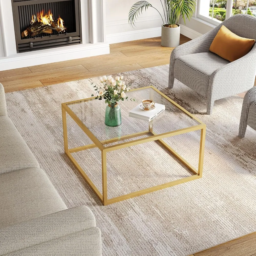 Glas moderne Couch tische für kleinen Raum einfache quadratische Mittel tisch für Wohnzimmer Home Office einfache Montage, Gold